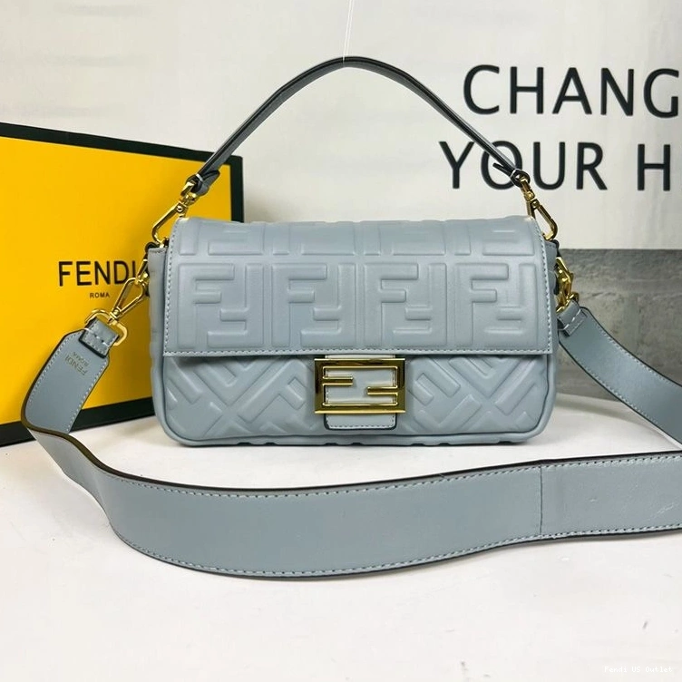 HOT Leather FF Nappa Blue Bag Motif In Sky Baguette Medium Fendi 0823